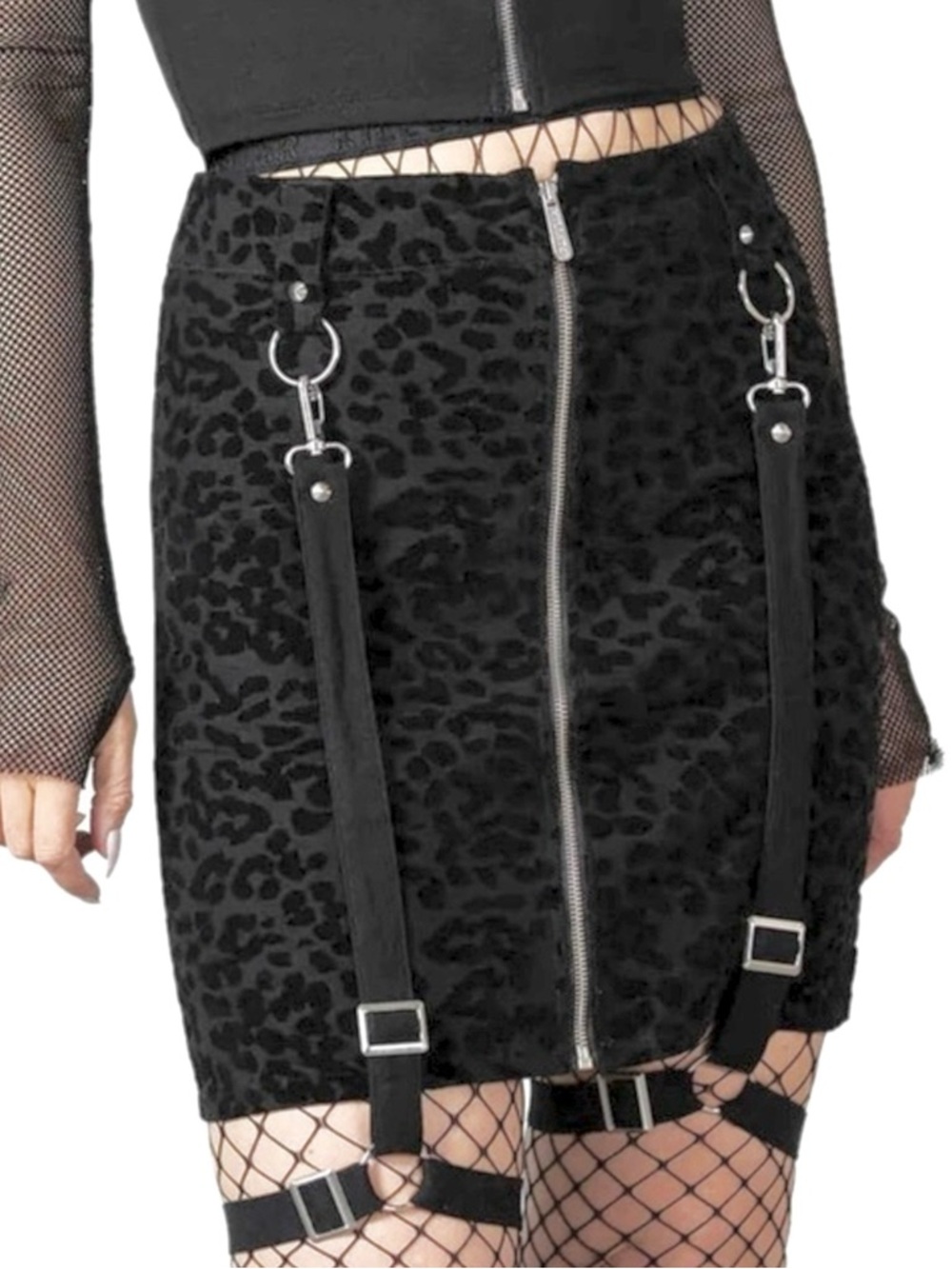 KILLSTAR Bound To Me Flocked Leopard Bondage Garter Skirt Zip Up Black Size XS